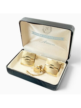 Vintage Anson Gold Plated Cufflinks Tie Tack Set 1950s Mid Century Mens Jewelry